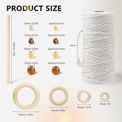 227pcs Macrame Kits 3mm 115yards Wall Hanging Natural Cotton Macrame Cord with Wooden Beads & Rings Wooden Sticks, Metal S-hooks Supplies for Hanging Plant Hand Tassel weaving