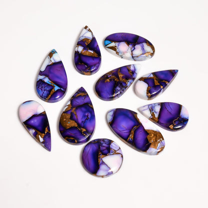 GEMKORA (3pcs) 20 to 25mm Purple Oyster Copper Turquoise Gemstones Wholesale Cabochons Lot, Jewelry Making Loose Polished Gems, DIY, Wire Wrapping, Flat Backs, Bulk Gemstone, Birthstone Crystals