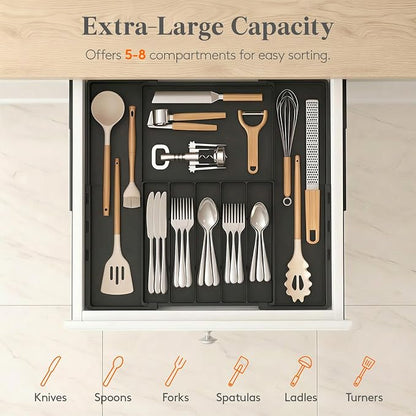 Lifewit Silverware Drawer Organizer, Expandable BPA Free Utensil Tray for Kitchen, Adjustable Flatware and Cutlery Holder, Plastic Storage for Spoons Forks Knives, 12-20.3 x 11.3-19.4 x 1.7, Black