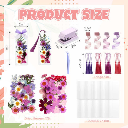 AmazingSpark 222 Pcs Dried Flower Bookmark Making Kit Include DIY Pressed Flower Colorful Tassels Ribbons and Transparent Bookmark Laminating Pouches 2 x 6 Inch(Purple)