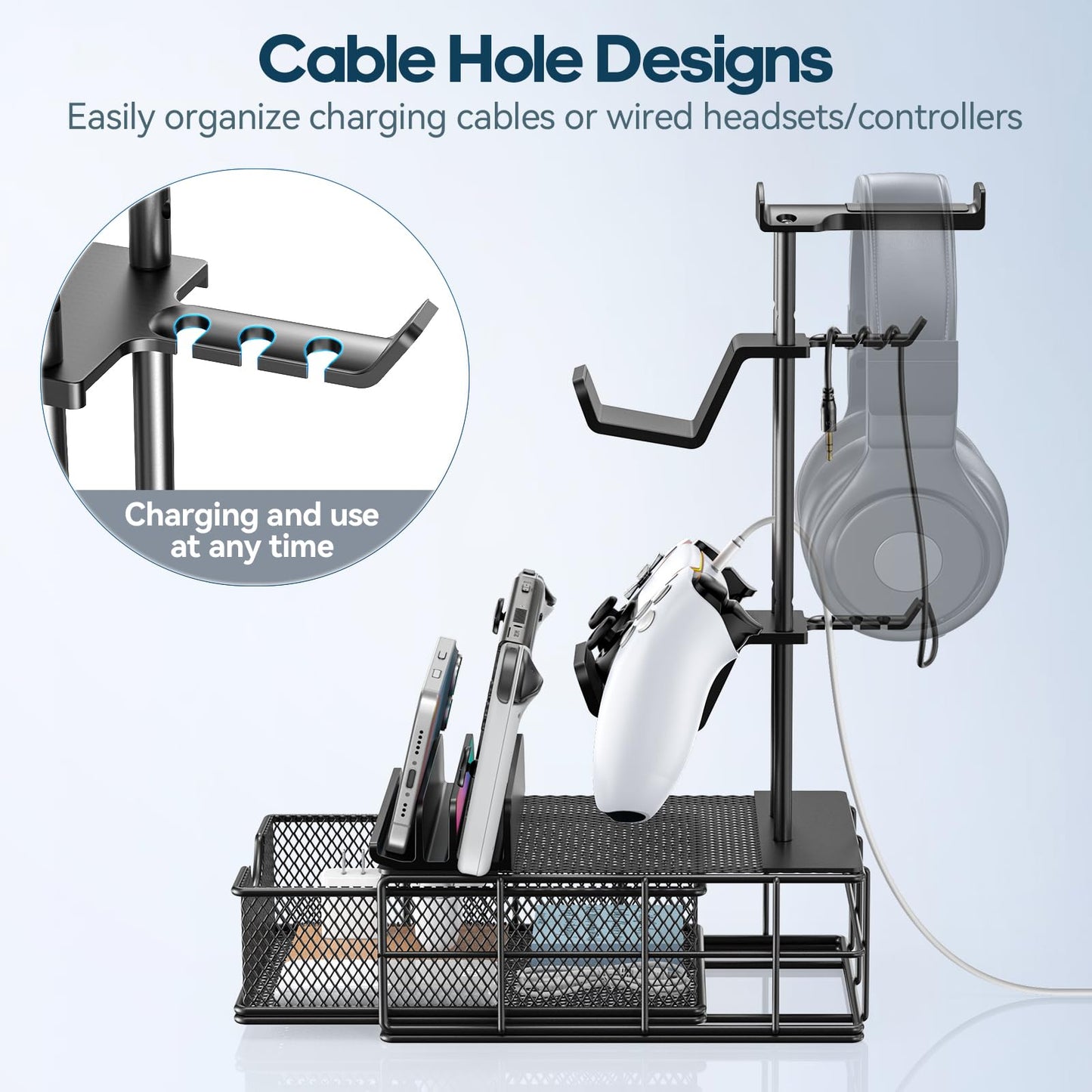 KDD Headphone Stand with Drawer - Headset & Controller Holder for Desk - Aluminum Supporting Bar Earphone Stand with Cable Organizer - Universal Gaming PC Accessories Storage