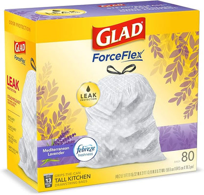 Glad ForceFlex Tall Kitchen Trash Bags, 13 Gallon, Gain Lavender