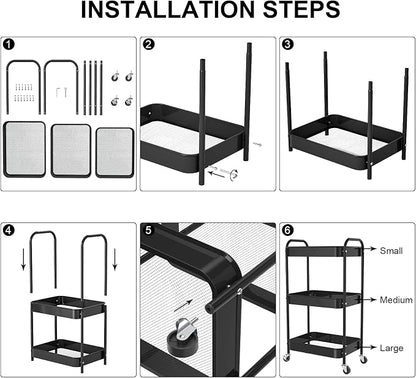 3-Tier Rolling Cart, Metal Utility Storage Carts with Wheels, Black | Multi-Functional Organizer Snack Cart Easy Assembly