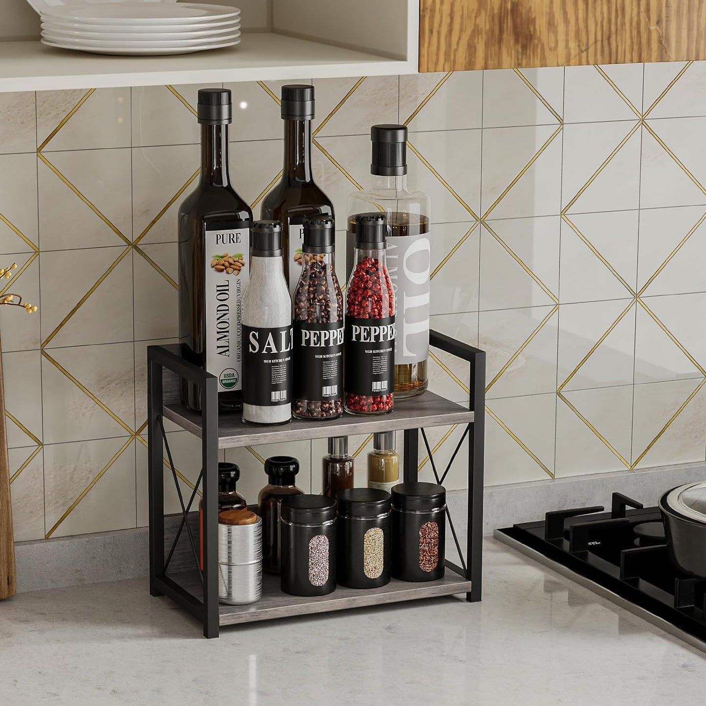 Giikin Countertop Shelf Organizer, 2 Tier Kitchen Spice Rack for Countertop, Wood Coffee Counter Shelf for Home, Particle Board and Metal, Grey, Small