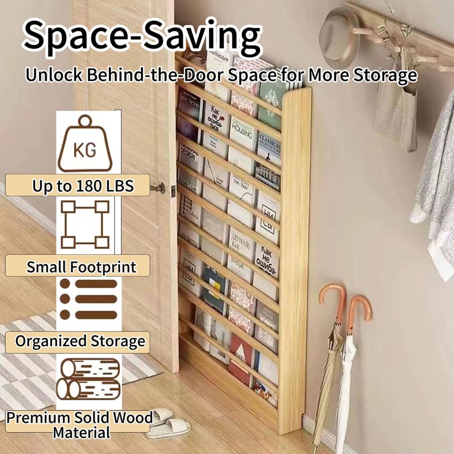 GODNOEI Behind The Door Bookshelf 6-Tier Wooden Behind The Door Storage Cabinet Wall Mount Shelf Easy to Install for Bedroom Kid Room Living Room Library-23.62" Wide