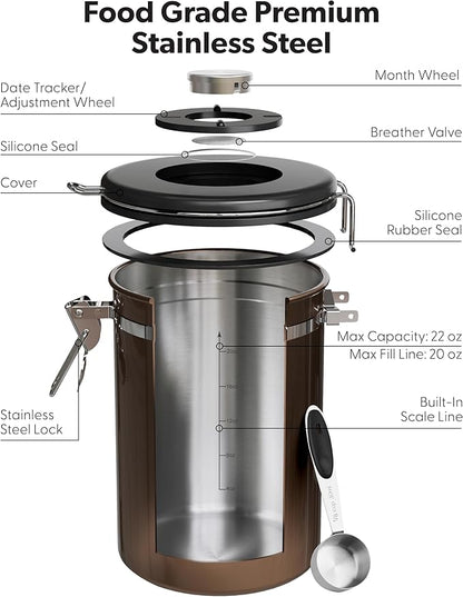 Veken Coffee Canister with Window, Airtight Stainless Steel Kitchen Food