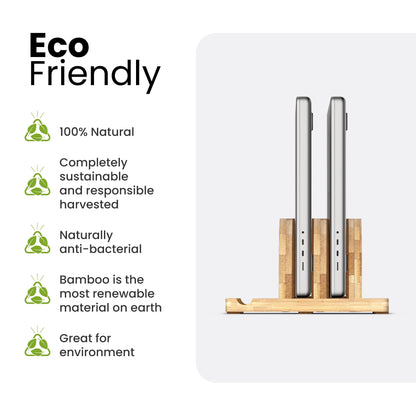 Kothar Premium Wood Vertical Laptop Stand - Adjustable Dual Slot Bamboo Holder for MacBook, Dell, HP, and More | Space-Saving Desktop Organizer | Eco-Friendly, Sleek & Durable Design