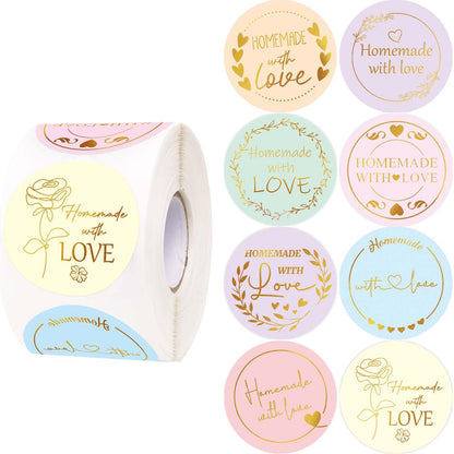 WorldBazaar Homemade with Love Stickers 500pcs Gold Foil Homemade Baked with Love Sticker for Baking Store Small Business Present Labels Wedding Birthday Christmas Party Supplies