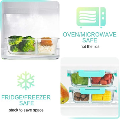 M MCIRCO [5-Pack, 36 oz] Glass Meal Prep Containers 3 Compartment with Lids, Glass Lunch Containers,Food Prep Lunch Box,Bento Box,Microwave, Oven, Freezer, Dishwasher (4.5 Cups, Green)