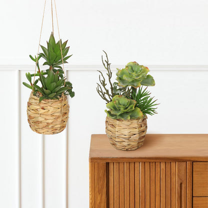 10" Large Succulents Plants Artificial in Wooden Pots, Fake Succulents in Woven Pots, Faux Succulent Artificial Plants Indoor for Home, Bedroom, Living Room, Bathroom Desk Shelf Table Decor