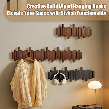 BWCXR Wall Mounted Wooden Coat Rack with Flip-Down Piano Key Hooks, Hardwood Heavy Duty Wall Hook Rack with Hidden Mount for Entryway, Coats, Bags & Hats, Black 8 Hooks