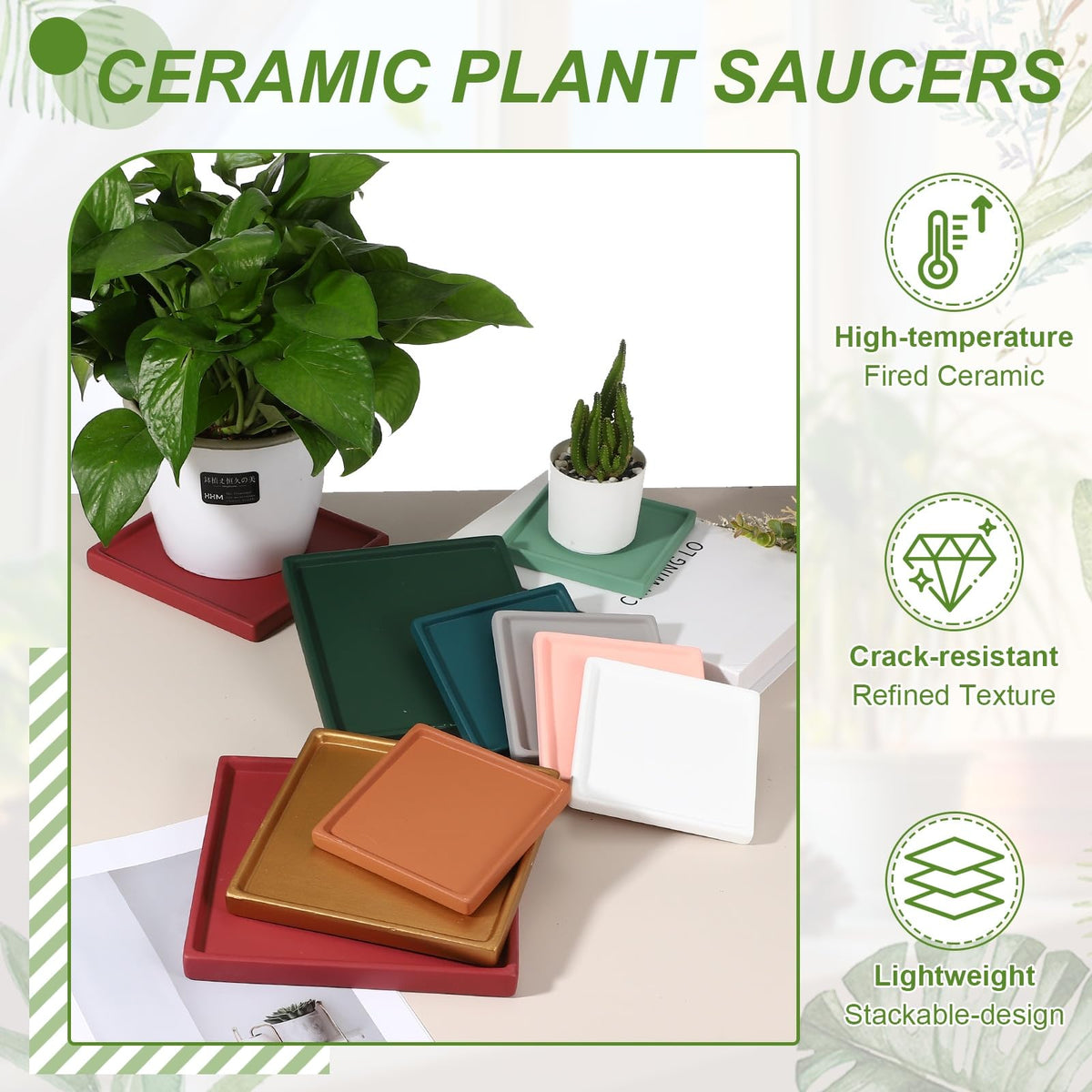 YELARXI 7.5 Inch Ceramic Plant Saucers, Square Flower Planter Water Trays Ceramic Plant Saucer Pot Tray -Fitting for (Outdoor/Indoors/Garden/Planting/Water/Flower/Coffee) Burgundy