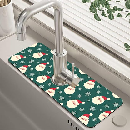 Christmas Kitchen Sink Splash Guard Mat Santa Claus and Snowflakes Sink Splash