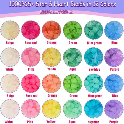 1000Pcs Matte Acrylic Star Beads Hart Beads for Bracelet Jewelry Making Jelly Color Frosted Pastel Beads Colorful Cute Aesthetic Kawaii Bead Charms for DIY Necklace Keychain Phone Charms