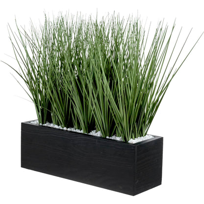 MyGift 12 Inch Desktop Artificial Green Grass Plants Faux Greenery Centerpiece with Rustic Black Solid Wood Planter Box