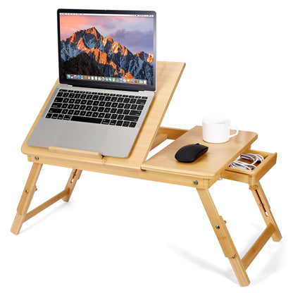 Bambition Bamboo Laptop Desk for Bed, Adjustable Height and Angle, Foldable Lap Desk with Cup Holder and Drawer, Portable Bed Table Tray for Writing Reading Drawing or Breakfast