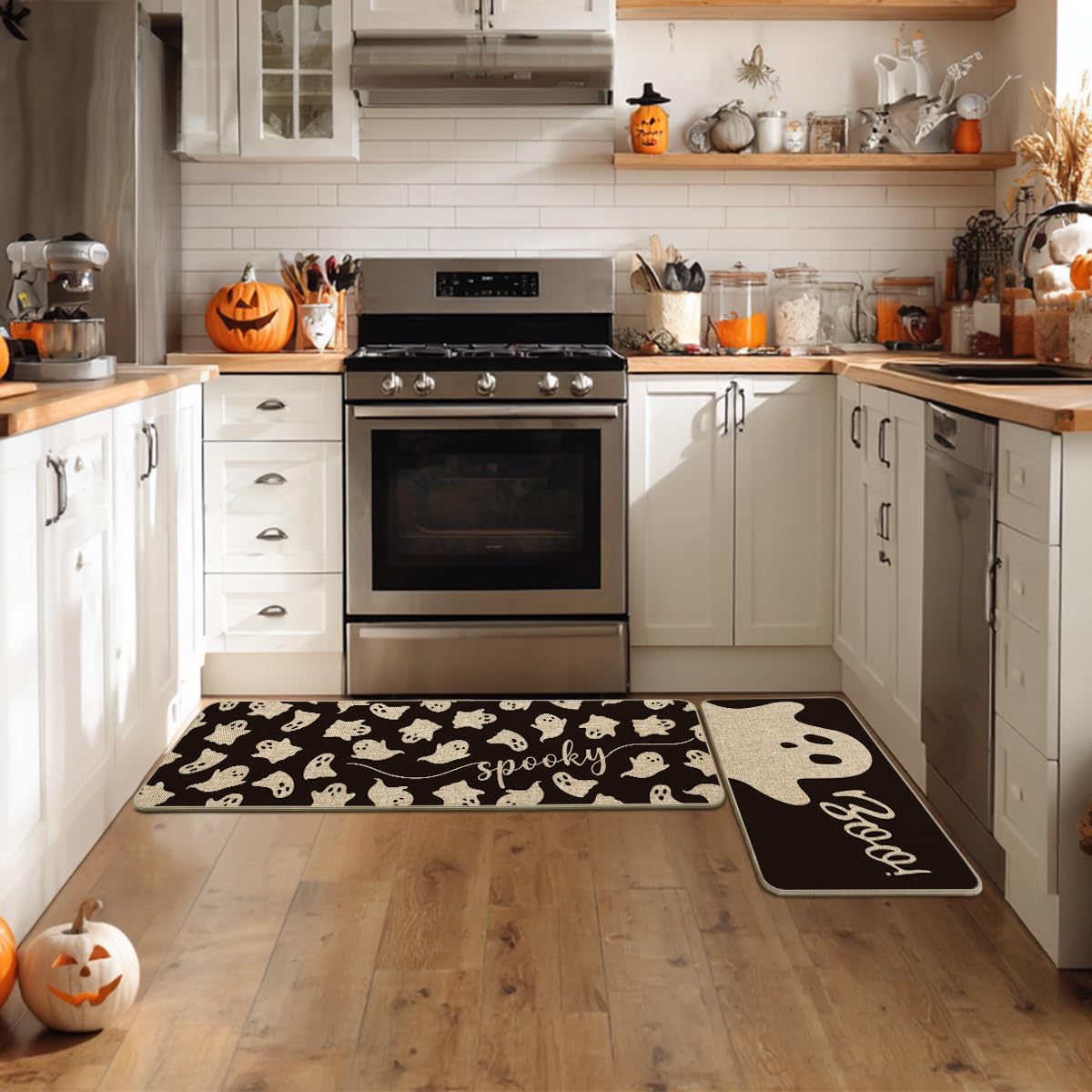 Artoid Mode Spooky Ghosts Boo Halloween Kitchen Mats Set of 3, Black Home Decor Low-Profile Kitchen Rugs for Floor - 17"x29"+17"x36"+17"x47"