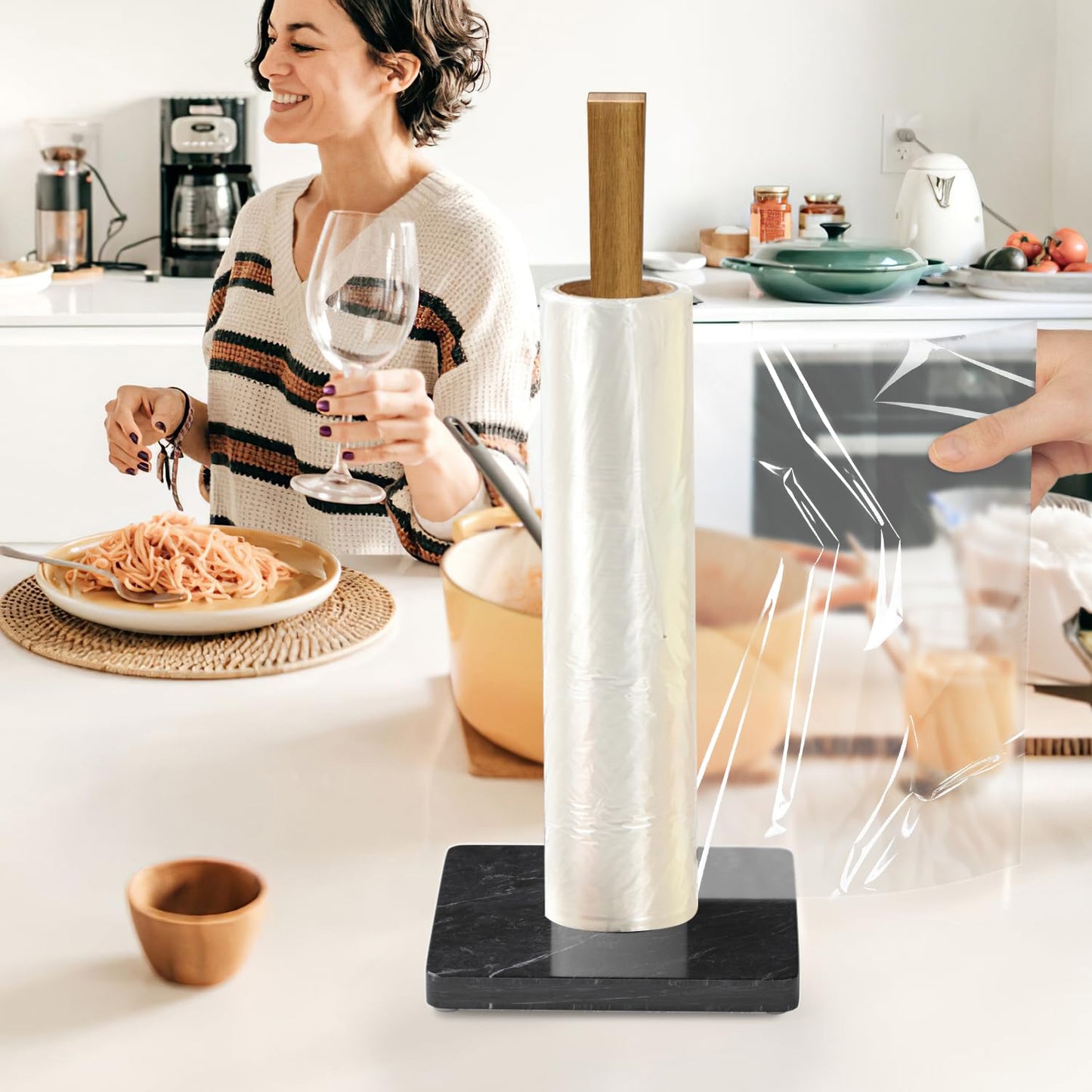 Buruis Wood Paper Towel Holder, Marble Base Modern Decorative Countertop Standing Rolls Holder for Kitchen, Toilet, Pantry and Bathroom (Square Marble Base Black)