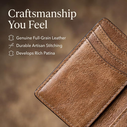 NKPT Slim Leather Credit Card Holder Wallet for Men | Full-Grain Leather, RFID Blocking, 6 Card Slots | Charcoal Gray