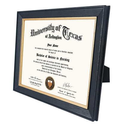 GMFrames 8.5x11 Wood Diploma Frame, Tempered Glass, Rustic Black Finish with Gold Trim