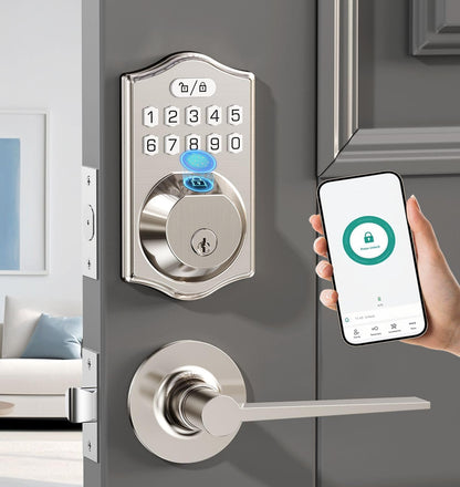 keyless Entry Door Lock deadbolt with Handle Set- Front Door Fingerprint Smart Locks with 2 Lever Handles-Keypad Code Deadbolt -App Control,Auto Lock,Easy to Install