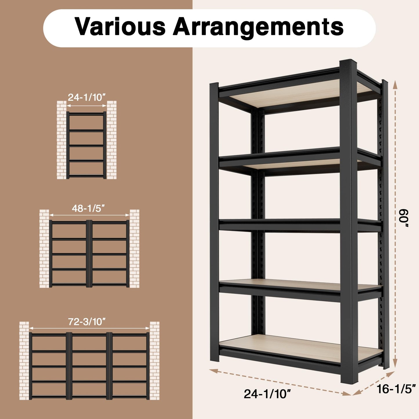 WORKPRO 5-Tier Black Shelving with Board, 24.1”Wx16.2”Dx60”H, 3000LBS Load