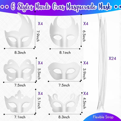 Leyndo 24 Pcs Paper Mache Art Mask White Craft Masquerade Masks and Gem Stickers DIY Blank Mardi Gras Halloween Cosplay Party (Mixed Styles)