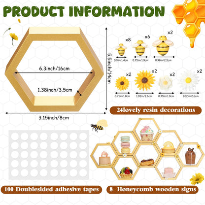 Lallisa 8 Pcs 6.3 Inch Honeycomb Cupcake Stand Bee Baby Shower Decorations with 16 Bee 8 Flower Farmhouse Wooden Hexagon Cake Display Holder Beehive Shelves Table Sign for First Gender Reveal