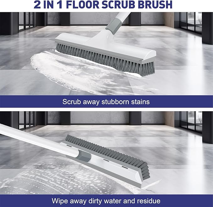 Floor Scrub Brush with 60 inch Long Handle, 2 in 1 Heavy Duty Stiff Bristle
