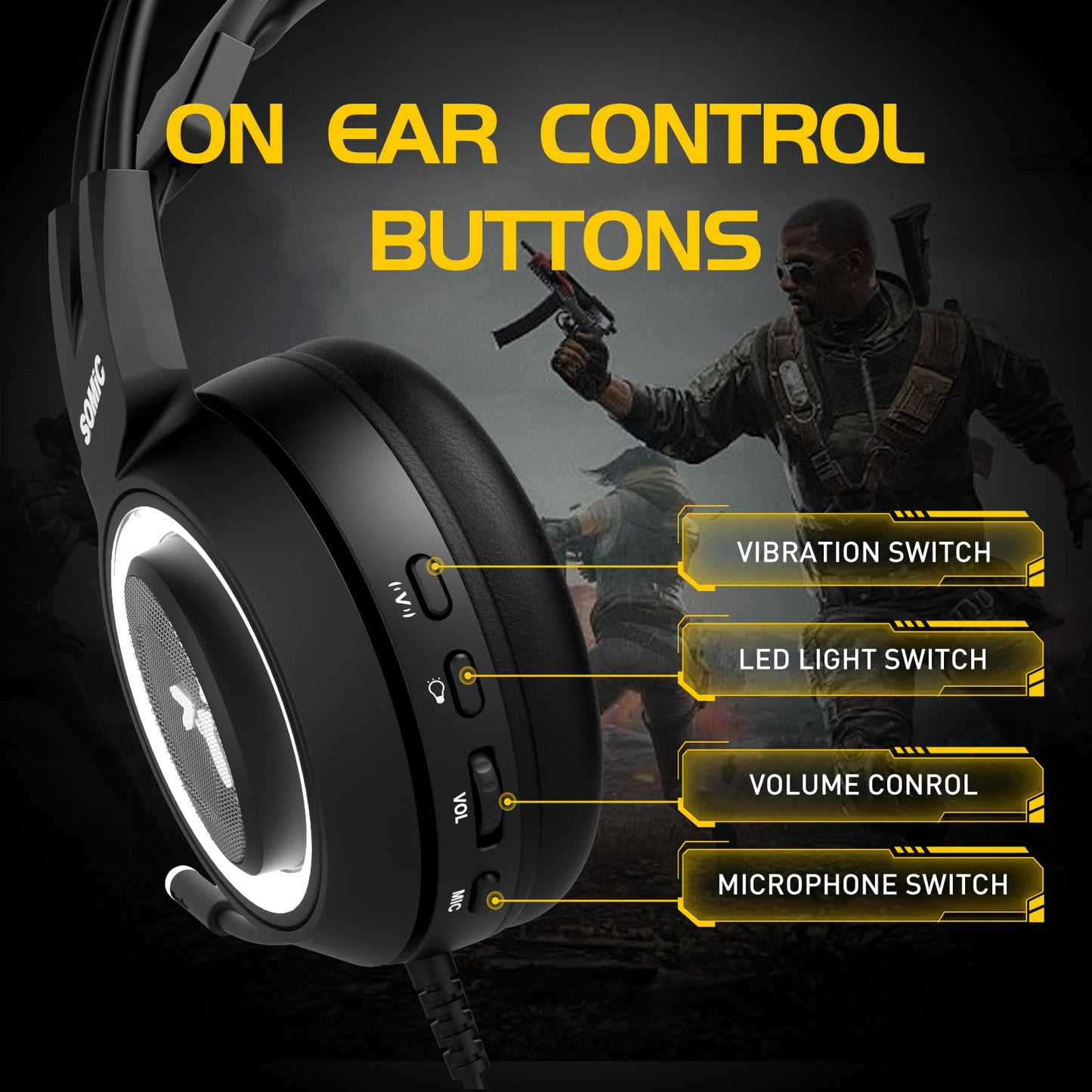 SOMIC G951black Gaming Headset for PC, PS4, Laptop: 7.1 Virtual Surround Sound Detachable Cat Ear Headphones LED, USB, Lightweight Self-Adjusting Over Ear Headphones Black