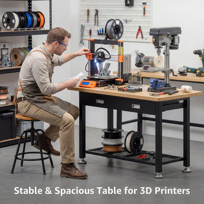 47.2" Heavy Duty Work Bench with Drawer and Storage for Garage, Small Wood Top and Metal Work Table for Crafts, 3D Printer Reloading Bench