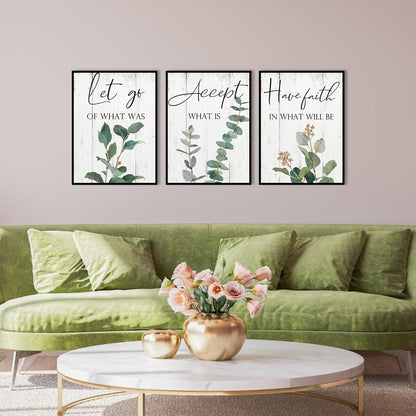 Inspirational Wall Art Office Decor: 3 Piece Motivational Quotes Wall Art 12"x16",Accept Let Go Have Faith Wall Decor for Office,Eucalyptus Pictures Framed Hanging Inspirational Posters for Bedroom