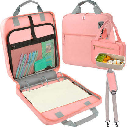 ChezMax Zipper Binder 3 Ring with Lunch Box - Zipper Binder Organizer Bag with Shoulder Strap & Handle, 2 Inch O Ring Binders, Large 500 Sheet Capacity & Multi-Pocket Binders Bag Organizer, Pink