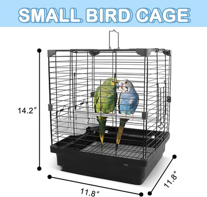 Small Bird Cage - 12x12x14.6 in Lightweight Travel Outdoor Birdcage for Parakeets, Budgies & Canaries and More Small Birds, Bird Carrier with Handle, Stand, Removable Tray, Portable for Hanging, Black