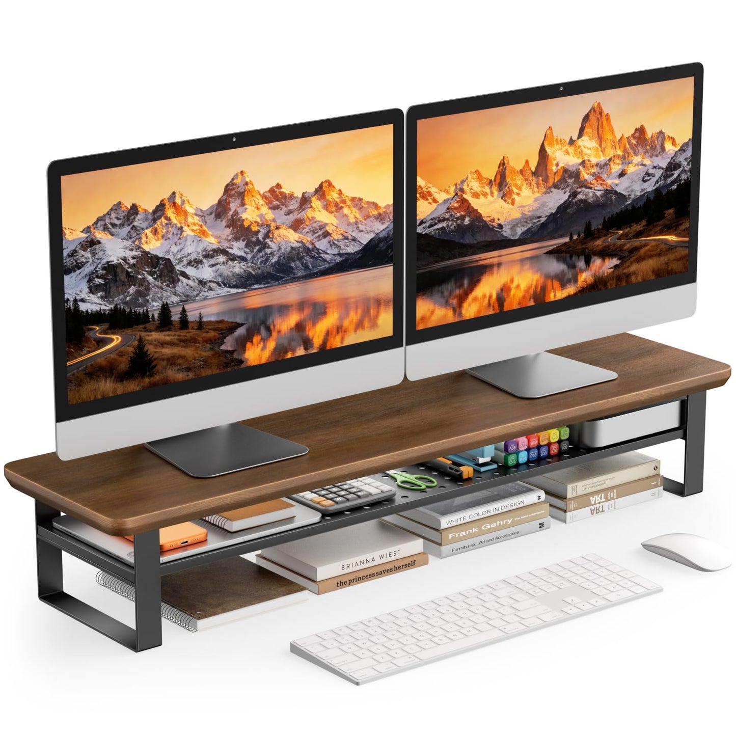 NestNeat Dual Monitor Stand, 35.4 Inch Monitor Stand Riser for 2 Monitors, 2 Tiers Wood Desk Shelf with Storage, Desktop Organizer Stand for Computer, Laptop, Printer, TV
