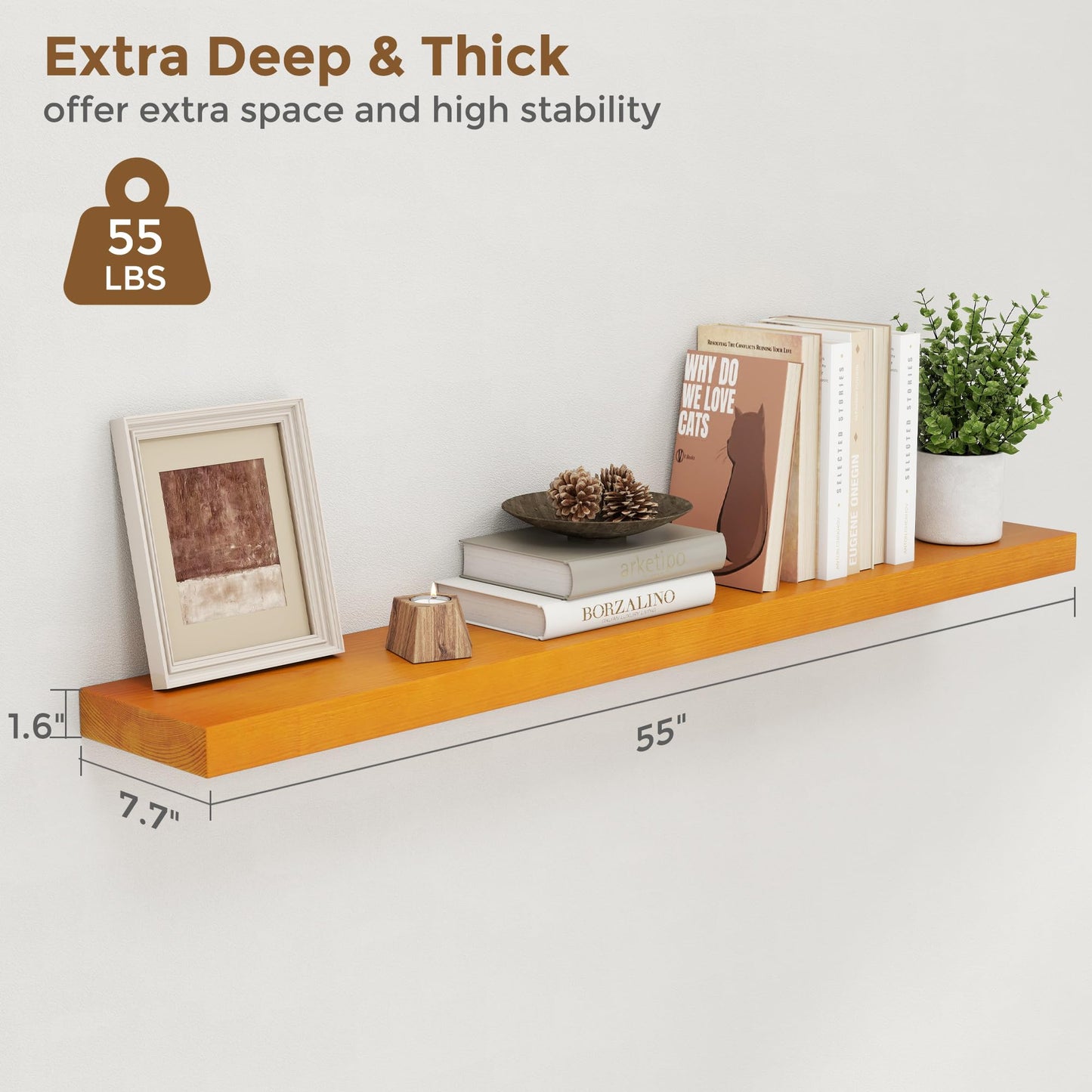 Marsmiles Wood Floating Shelves | 55 Inch Rustic Honey Oak Wall Shelves Set of 2 | 55" W x 7.7" D x 1.6" H Wooden Shelves for Bathroom Living Room Kitchen