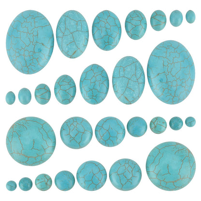 PH PandaHall 84pcs Synthetic Turquoise Stone Cabochons, 7 Sizes Blue Texture Gemstone Tiles Oval Flat Round Dome Bead Stone Cabochon Tile for Bracelet Necklace Earrings Cameo Jewelry Making, 6~40mm