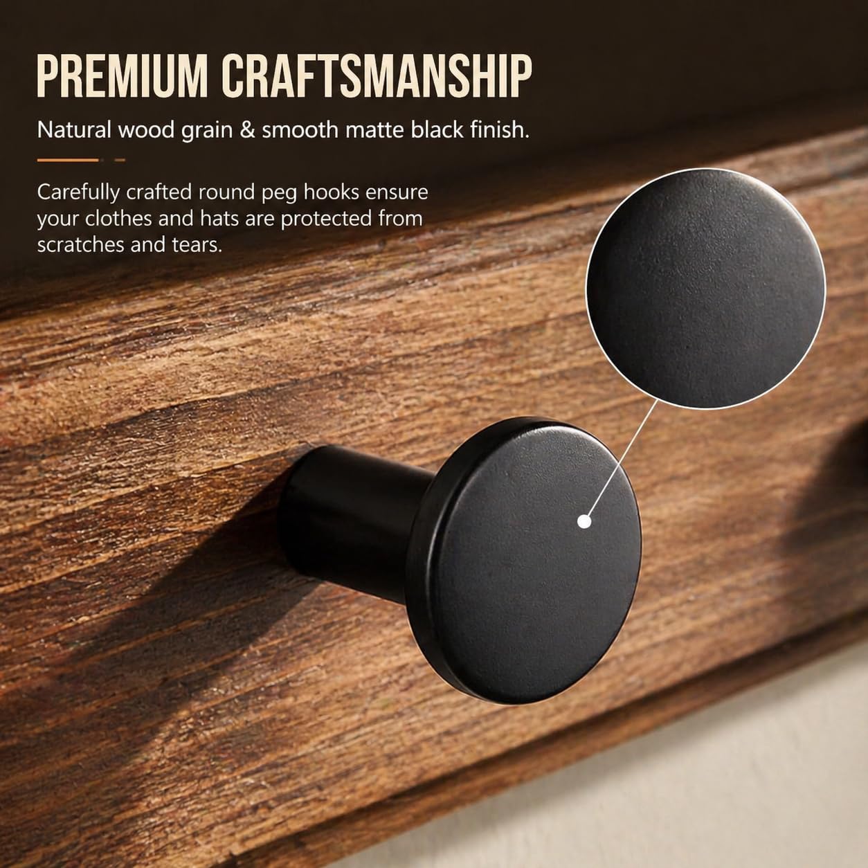 POZEAN Wooden Coat Rack Wall Mount, 2 Pack Wall Mounted Coat Hangers with 5 Smooth Round Hooks, Space Saving Organizer for Entryway,Bathroom, Clothes, Jackets, Hats, Keys(‎Brown Plate & Black Hooks)