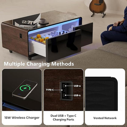 Smart Coffee Table with Fridge and Bluetooth, Smart Living Room Table with Frozen Drawers, Dual Speakers, 15W Wireless Charger, Touch Control, USB Ports, Atmosphere Light, LT90 Ultra-Brown