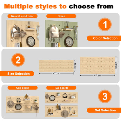 AMSXNOO Wood Pegboard Wall Organizer Panels, Wooden Pegboard Combination Wall Organizer Kit, Display Peg Board Panel Kits for Office Bedroom Livingroom Studyroom (Wooden Color, 31.5X47.2IN/80X120CM)