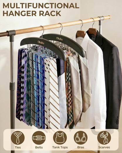 Ohuhu 24-Hook Wooden Tie Rack Organizer - Space Saving Closet Hanger with 360° Rotating Hooks, Anti-Slip Clips for Ties, Belts, Scarves - Premium Hardwood & Rustproof Steel Construction-Black