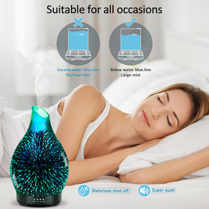 Essential Oil Diffuser 120ML Glass Ultrasonic Aromatherapy Oil Diffuser-Aroma Humidifier Glass Diffuser,7 Color Changing Light Waterless Auto-Off-Ultra-Quiet for Sleeping Yoga Home Office and Spa