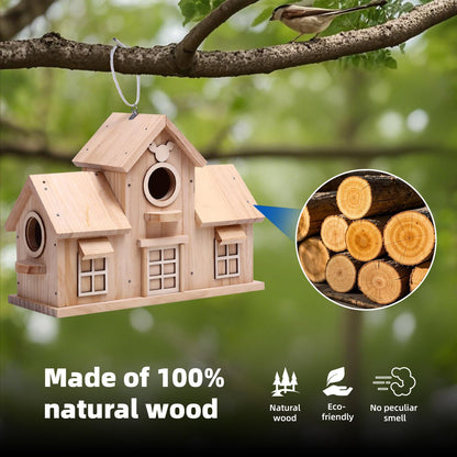 Wooden Birdhouse with Multiple Nesting Compartments, Hanging Bird House, 11.8 x 4.7 x 8.66 Inch