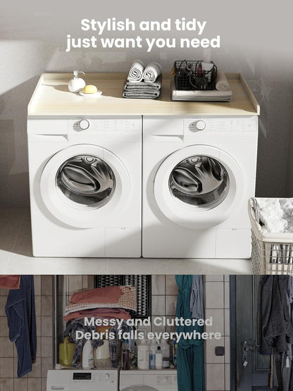 Toemics Washer Dryer Countertop, 27.5" x 54" Laundry Room Organization Shelf with Edge Rails for Washer and Dryer, Durable Melamine Finish, Non-Slip Pads, and 3 Laundry Bags, Oak