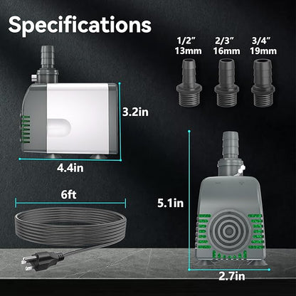 Knifel 800GPH Submersible Water Pump - Fountain pumps with Auto Shut Off, Adjustable Flow & Ultra-Quiet for Fountains, Ponds, Aquariums, Fish Tank and More