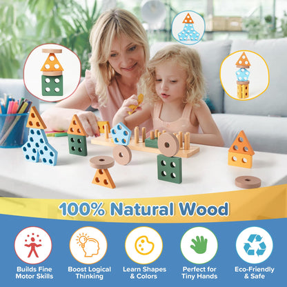 Somastung 7‑in‑1 Montessori Baby Toys for 6‑12 Months & 1+ Years, Infant Sensory Teething & Stacking Blocks | Wooden Shape Sorter, Xylophone Musical Toy, Birthday Gift for Toddlers 1‑3