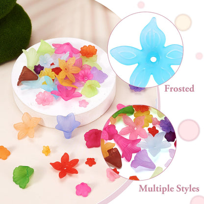 Pandahall 400pcs Mixed Acrylic Flower Beads Caps 8 Style Colorful Frosted Floral Spacer Loose Beads Lucite Beads Flower for Jewelry Making DIY Craft