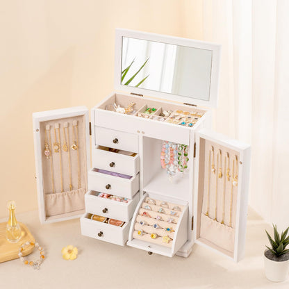SINGBLA Jewelry Box Organizer, Farmhouse Wooden Jewelry Boxes for Women Girls, 6 Layer Jewelry Case Storage with Bracelet Holder Display Hooks for Necklaces Earrings Rings Bracelets (Weathered White)