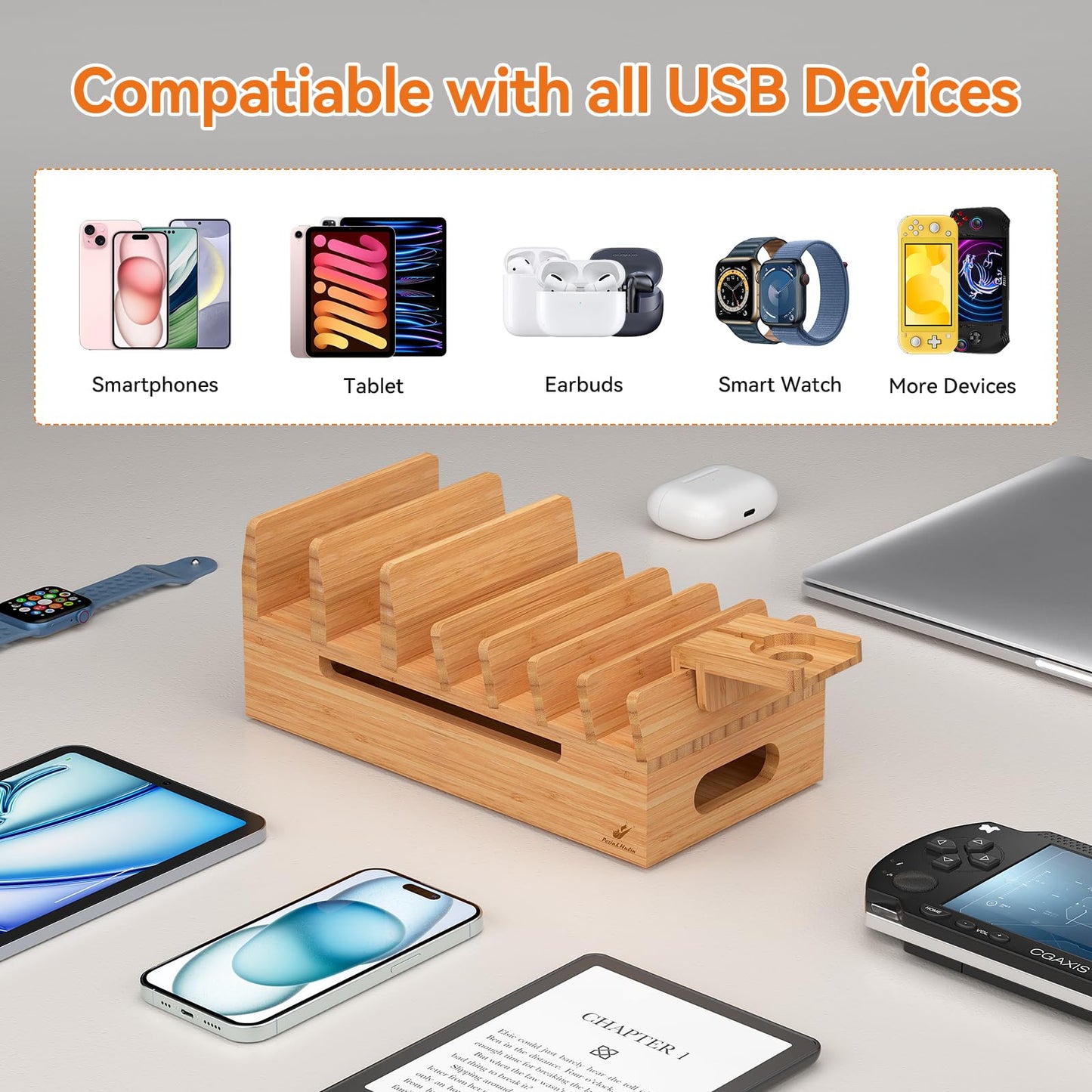 Pezin & Hulin Bamboo Charging Station with Watch Stand, Docking Holder for Multi Device with 5 Port USB Charger HUB, 5 Charge Cables, Desktop Electronic Organizer for Cellphone, Tablet, Watch