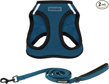 Best Pet Supplies Voyager Step-in Air All Weather Mesh Harness and Reflective Dog 5ft Leash Combo with Neoprene Handle, for Small, Medium and Large Breed Puppies - Blue/Black Trim, XX-Small